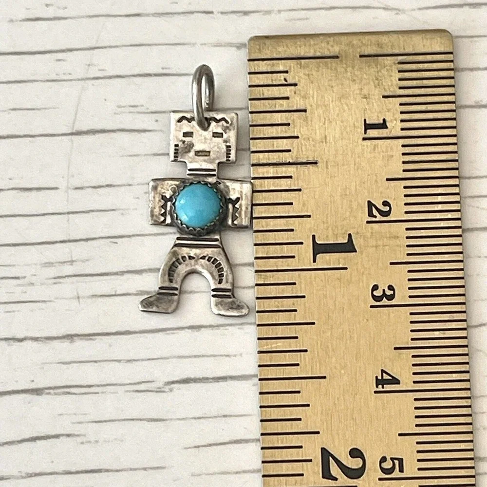 Tiny Navajo Dancer Turquoise Pendant Harvey Era Sterling Charm Native‎ VTG